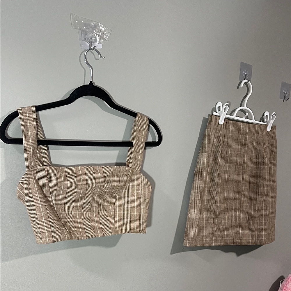 Tiger Mist Tan Plaid Crop Top and skirt set